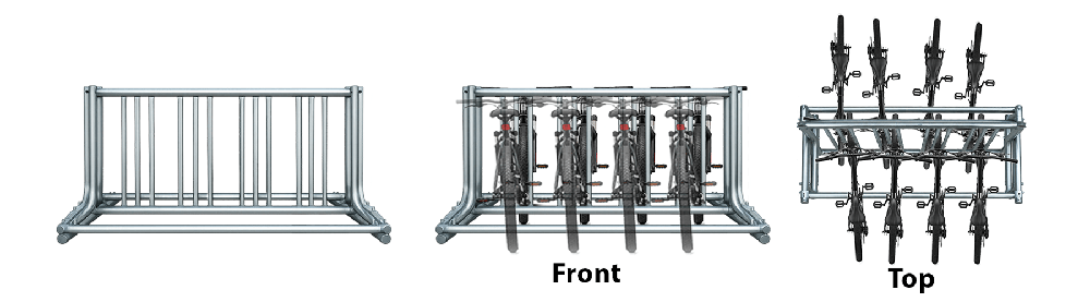 Grid bike rack diagram showing front and top views demonstrating how bikes are inserted into vertical slots for parking